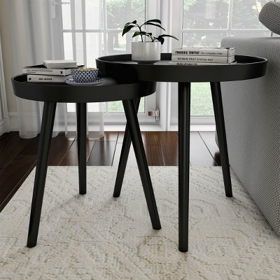 Hastings Home Nesting End Tables - Circular Mid-Century Modern Accent Table with Tray Top - Set of 2, Matte Black