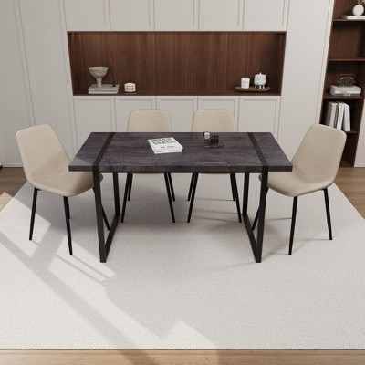 NicBex 59" Dining Table Set for 4 Modern Black Wood Dining Table Metal Base with 4 Chairs for Dining Room, Beige