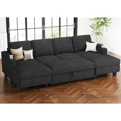 Belffin U-Shaped 6-Seater Sleeper Sectional - Modular Chenille Couch with Pull-Out Bed & Dual Storage Chaise