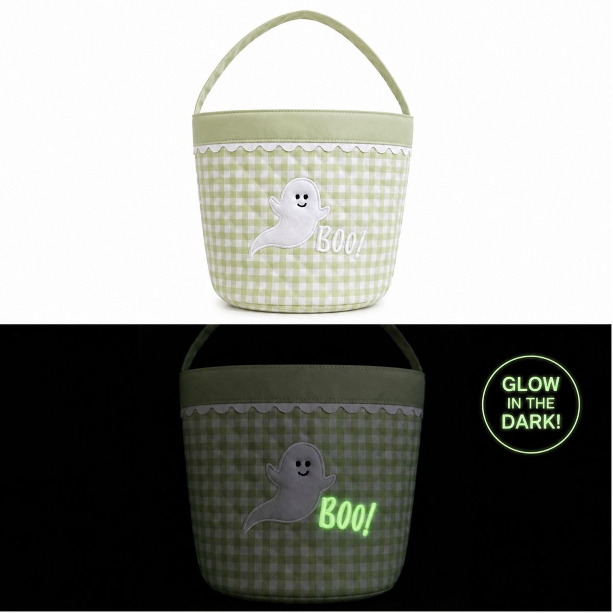 Bits & Bows Glow-in-the-Dark Ghost Trick-or-Treat Halloween Tote, Green/White 10"W x 8"H - thumbnail 6