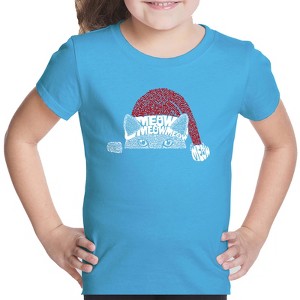 LA Pop Art Christmas Peeking Cat - Girl's Word Art T-Shirt - 1 of 4