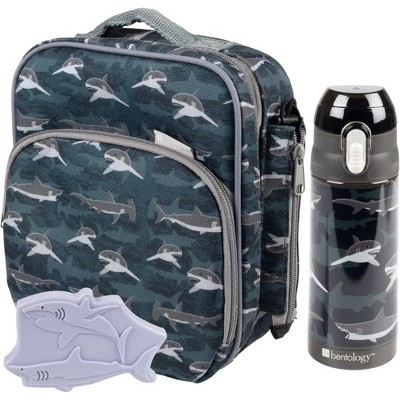 Bentology Lunch Bag Set w Matching Reusable Water Bottle & Hard Ice Pack- Blue Fish Sharks- Insulated Tote, Thermos, Hard Ice Pack- Kids, Boys & Girls