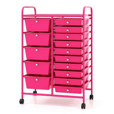 Tangkula 15 Drawer Rolling Storage Cart Opaque Multicolor Drawers Home Organizer Mixed Hot Pink