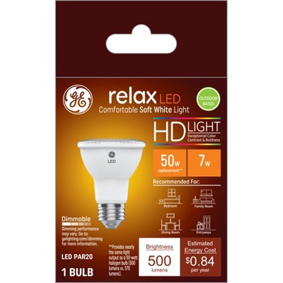 GE 50W Relax PAR20 LED Light Bulb Soft White: 7W Dimmable, 500 Lumens, E26 Base, 2700K, 13.7-Year Life, Wet Location Suitable