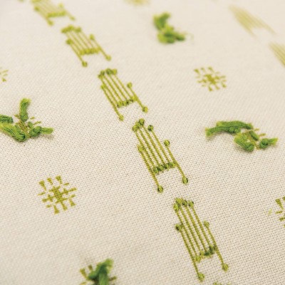 Beige and Green Embroidered Cotton Lumbar Pillow with Tassels