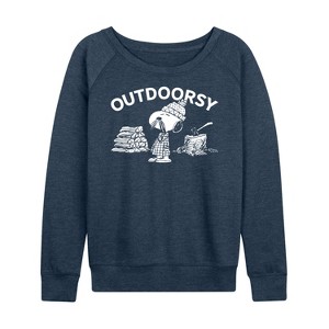 Women's - Peanuts - Outdoorsy Snoopy Lightweight French Terry Wide Neck Long Sleeve Shirt - 1 of 4