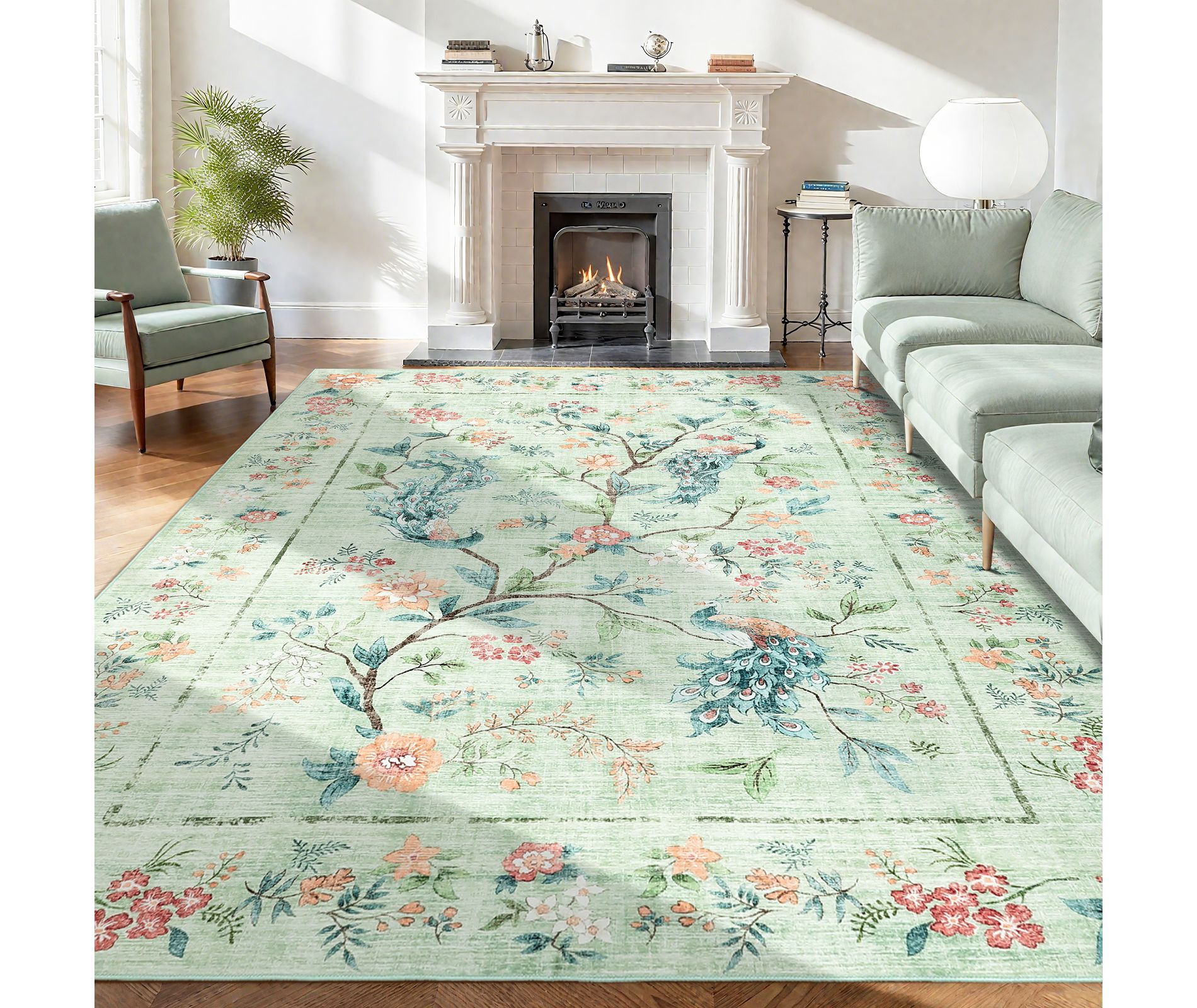 Floral Area Rugs 4x6 Washable Peacock Animal Print Bedroom Carpet, Foldable Farmhouse Accent Throw Rugs, Easy Cleaning Low Pile Floor Mats