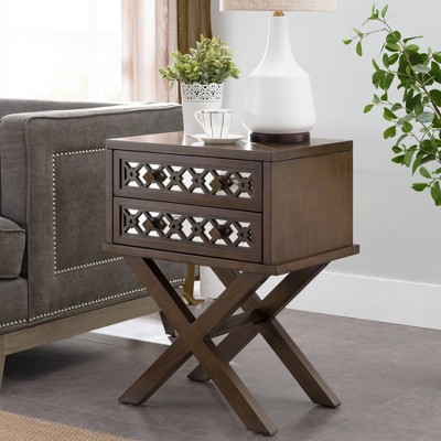 Walnut Mirrored Diamond Filigree 2-Drawer X Base Nightstand