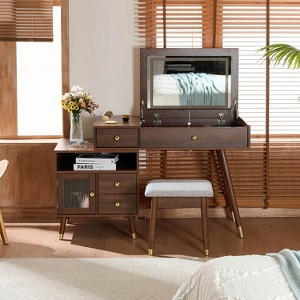 ORRD 3-in-1 Walnut Vanity Desk with Lighted Flip-Top Mirror, Adjustable Cabinet & Stool - 1 of 4