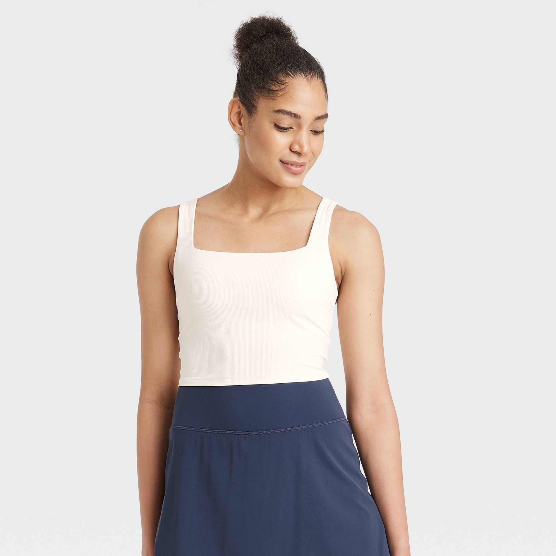 Women's Everyday Soft Light Support Rib Squareneck Cropped Sports Bra - All In Motion™ Cream L: Moisture Wicking, Quick Drying