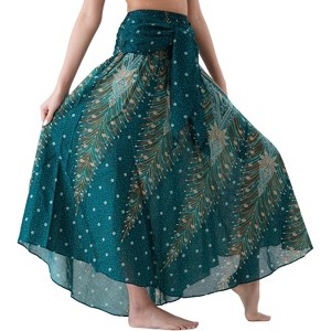 Women's Boho Maxi Skirt - Floral Print Long Flowy Skirt Peacock Green - 1 of 4
