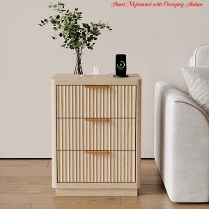 Fluted Nightstand w/ Charging Station, Mid Century Modern Fluted Nightstand, Wooden Night Stand, Modern End Table w/ Curved Corners - 1 of 4