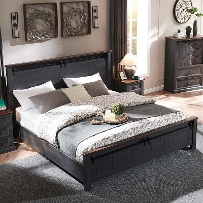 SinCiDo Farmhouse Queen Size Bed Frame with 47" Headboard, Sliding Barn Door Footboard, Wood Slat Platform Bed, No Box Spring Needed