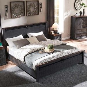 SinCiDo Farmhouse Queen Size Bed Frame with 47" Headboard, Sliding Barn Door Footboard, Wood Slat Platform Bed, No Box Spring Needed - 1 of 4