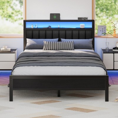 Furnulem Queen Size Bed Frame with Charging Station and LED Lights with Grey Upholstered Headboard with Storage Shelves, No Box Spring Needed