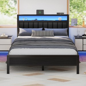 Furnulem Queen Size Bed Frame with Charging Station and LED Lights with Grey Upholstered Headboard with Storage Shelves, No Box Spring Needed - 1 of 4