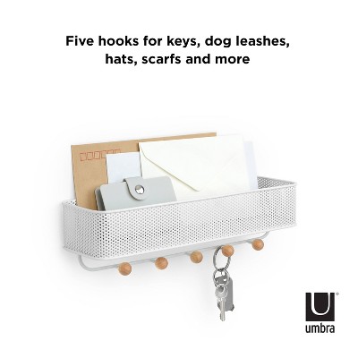 White Steel Wall Organizer with Wooden Knob Hooks