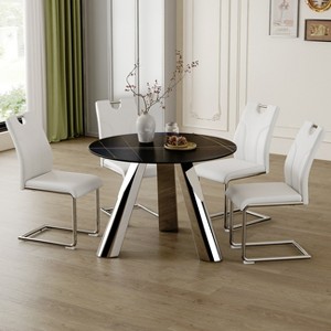 VYNXARIA Table and chair set:A 42inch stainless steel leg round table Paired with 6 Uniquely designed Black Dining Chairs With Silver Metal Leg - 1 of 4