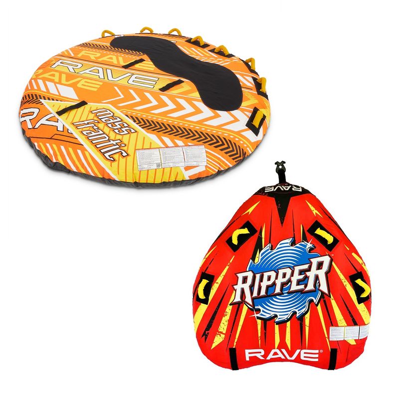 RAVE Sports Ripper 2 Rider Inflatable Towable Water Raft Float + RAVE Sports Mass Frantic 4 Rider Inflatable Towable Water Raft Float, 1 of 7