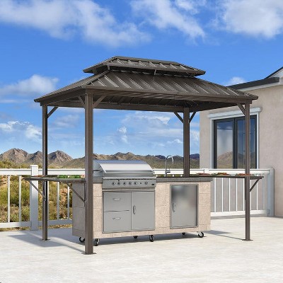 PURPLE LEAF Patio Hardtop Brown Grill Gazebo Metal Roof with 2 Side Shelves Deck Yard Tent Aluminum Garden Outside Sun Shade Outdoor BBQ Canopy