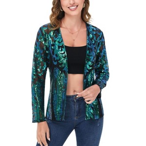 Anna-Kaci Women's Sequin Embellished Open-Front Cardigan with Sheer Mesh Long Sleeves - 1 of 4