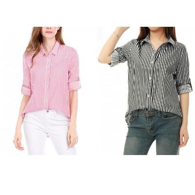 Allegra K Women's Striped Button Down Roll-up Long Sleeves Point Collar Shirt 2 Packs