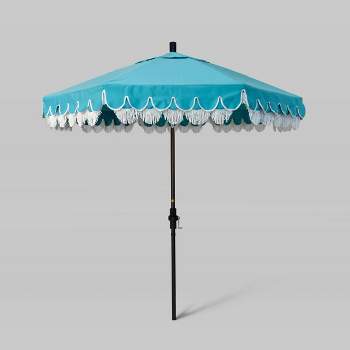 7.5' Fiberglass Ribs and Scallop Base Fringe Market Patio Umbrella with Crank Lift - Bronze Pole - California Umbrella