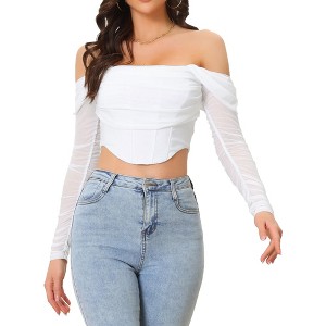 Allegra K Women's Ruched Off Shoulder Push Up Party Mesh Sheer Long Sleeve Corset Crop Top - 1 of 4