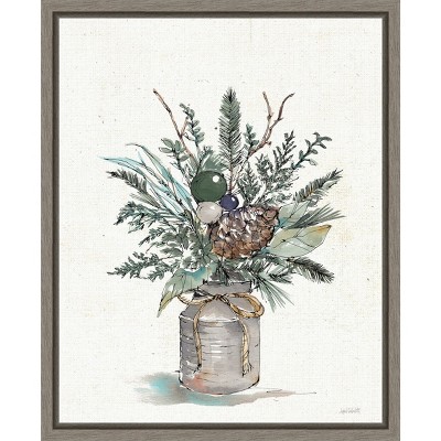 Seasonal Charm Greenery Christmas Vase Canvas Wall Art in Grey Frame
