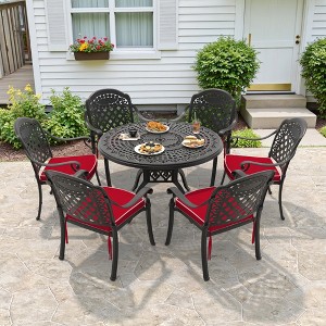 7-Piece Cast Aluminum Outdoor Dining Set with Red Cushions, Round Table & Stackable Chairs - for Patio, Backyard - 1 of 4