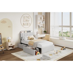 Bed Frame with 2 Flexible Drawers, Boucle Upholstered Platform Bed Frame with Bookcase Headboard, Twin Bed for Kids, No Box Spring Needed - 1 of 4
