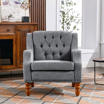 DOMETOUR Accent Chair, Living Room Chair, with Vintage Brass Studs, Button Tufted Upholstered Armchair for Living Room, Reception Room
