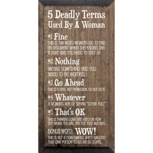 Slickblue Humorous Wood Wall Sign – 5 Deadly Woman Terms Explained – Rustic Home or Office Decor 9x18 - 1 of 3