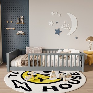 Whisen Twin Size Montessori Floor Platform Bed with Built-in Book Storage Rack on Headboard - 1 of 4