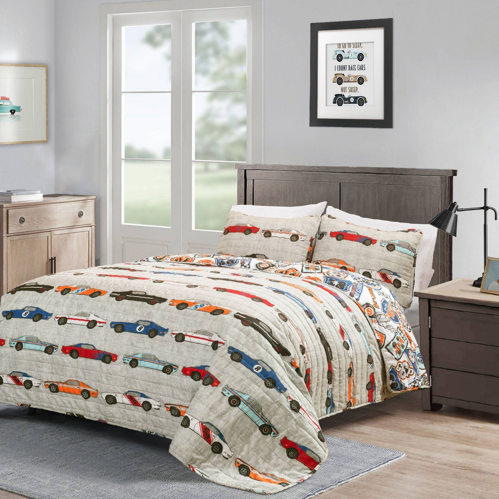 3pc Full/Queen Kids' Race Cars Reversible Quilt Set Blue & Orange - Lush Décor: Boys Car Bedding, Kids Set