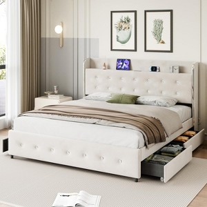 Full Size Upholstered Platform Bed Frame with 4 Storage Drawers & Headboard - Diamond Tufted Design, Built-In Charging Station & Headboard Shelf - 1 of 4