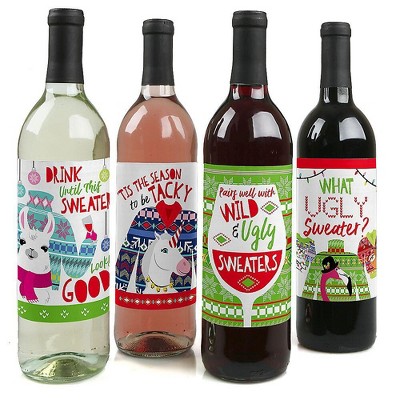 Big Dot of Happiness Wild and Ugly Sweater Party - Holiday and Christmas Animals Party Decor for Women and Men - Wine Bottle Label Stickers - Set of 4