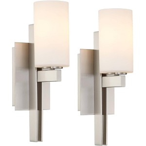 Possini Euro Design Ludlow Modern Wall Light Sconces Set of 2 Brushed Nickel Hardwire 4 1/2" Fixture White Glass for Bedroom Bathroom Vanity Reading - 1 of 4