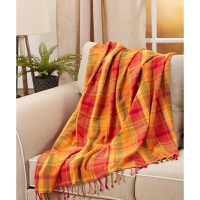 Terracotta Harvest Plaid Cotton Throw Blanket with Tassels