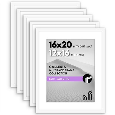 Americanflat 16x20 Picture Frame with Polished Plexiglass - Set of 5 - Use as 12x16 with Mat or 16x20 Without Mat - Galleria Collection - White