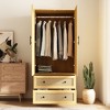 Hitow Light Wood Rattan Accent Wardrobe: 2-Drawer Storage + Smooth Hinges for Bedroom Clothing Organization - 2 of 4