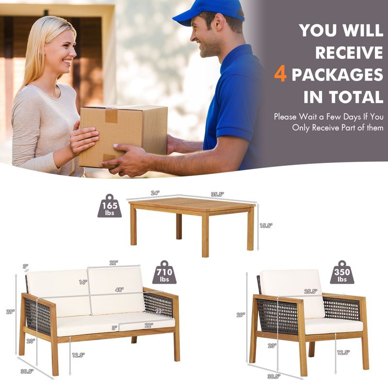 Tangkula 8-Piece Patio Acacia Wood Furniture Set Outdoor PE Rattan Conversation Set with Removable Cushions, 4 of 10
