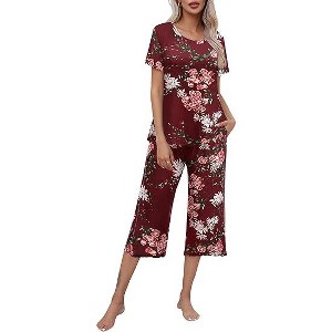Ekouaer Capri Pajamas for Women Soft Pjs Set Short Sleeve Tee Top Loungewear Soft 2 Piece Sleepwear - 1 of 4