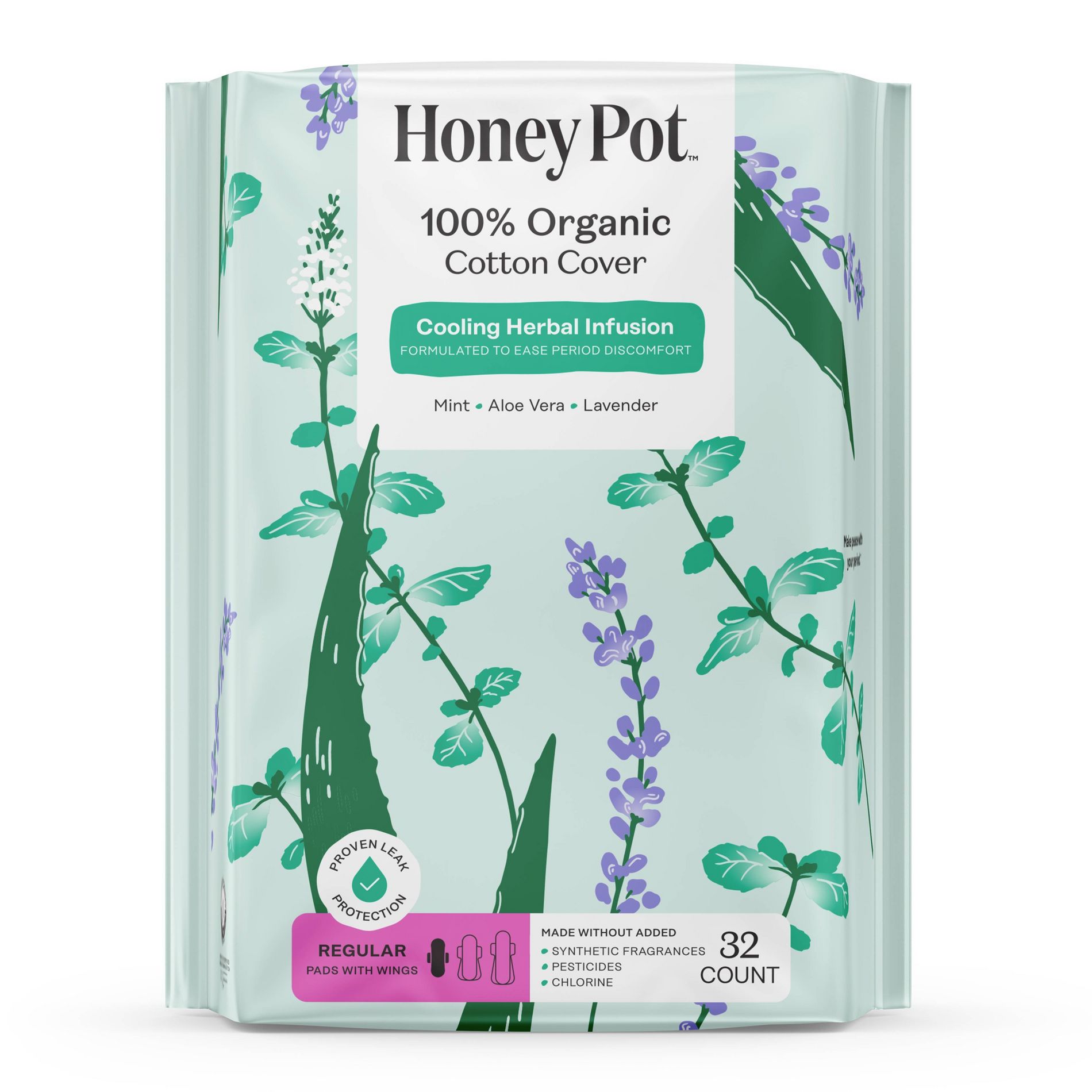 Honey Pot 100% Organic Cotton Cover Cooling Regular Pad - 32 ct