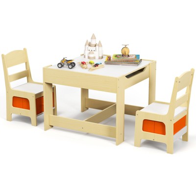 Infans 3 in 1 Kids Wood Table & 2 Chair Set, Children Activity Table Desk Sets w/Storage Drawer, Detachable Blackboard
