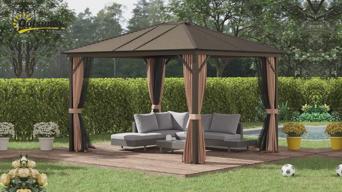 Outsunny 10' x12' Hardtop Gazebo with Aluminum Frame, Permanent Metal Roof Gazebo Canopy with 2 Hooks, Curtains and Netting for Garden, 2 of 8, play video