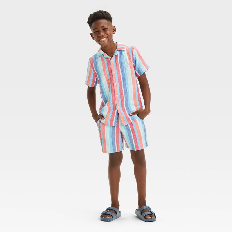 Boys' Short Sleeve Americana Vertical Striped Button-Down Shirt - Cat & Jack™ Blue, 4 of 5