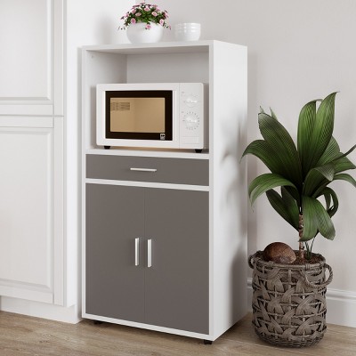 Microwave Stand with Drawer – Rolling Storage Cabinet with Doors and Locking Wheels – Freestanding Kitchen Storage by Lavish Home (White and Gray)
