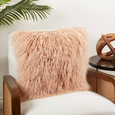 Peach Mongolian Lamb Fur Square Throw Pillow, 16" x 16"