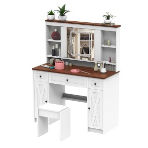TiramisuBest Vanity Table with LED-lit mirror with power outlet and hairdryer shelving, with 4 drawers and upholstered stool, brightness adj - 1 of 4
